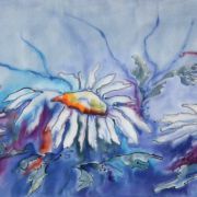margerytki cieniowane niebieskie - krepa - szal jedwabny ręcznie malowany