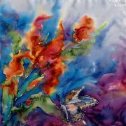 motyl i irys - krepa - apaszka jedwabna ręcznie malowana