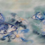motyle w miętowym z granatem - splot atłasowy - jedwab ręcznie malowany