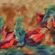 tulipany w koniakowo-piaskowym - splot atłasowy - szal jedwabny