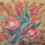tulipany w koniakowym - muślin - apaszka jedwabna ręcznie malowana